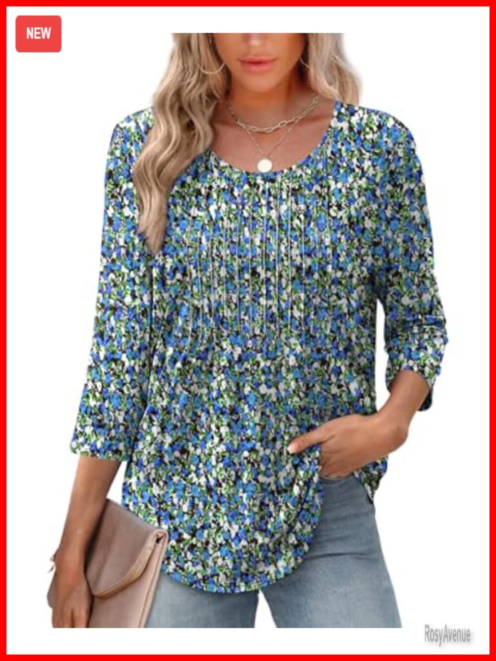 3/4 Sleeve Crewneck Pleated Tunic Blouse Women's Loose Fit Casual Top